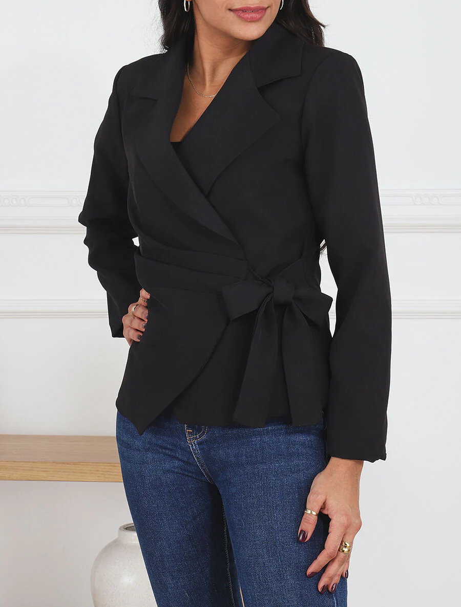 Effen blazer met striksluiting - zwart - Image 4