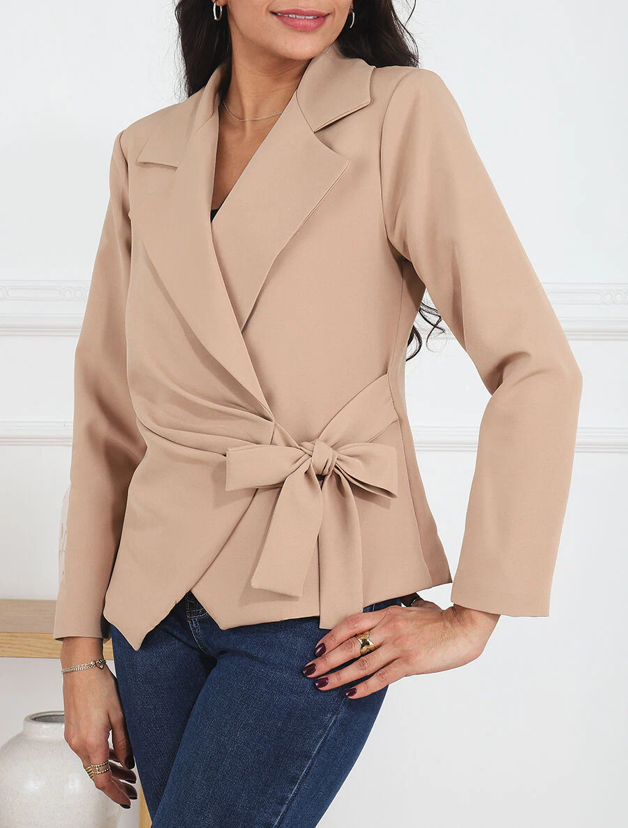 Effen blazer met striksluiting - Kameel - Image 4