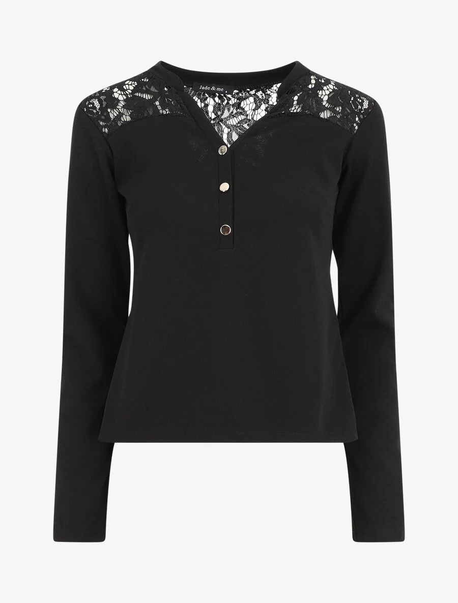 Effen blouse met kant - Zwart