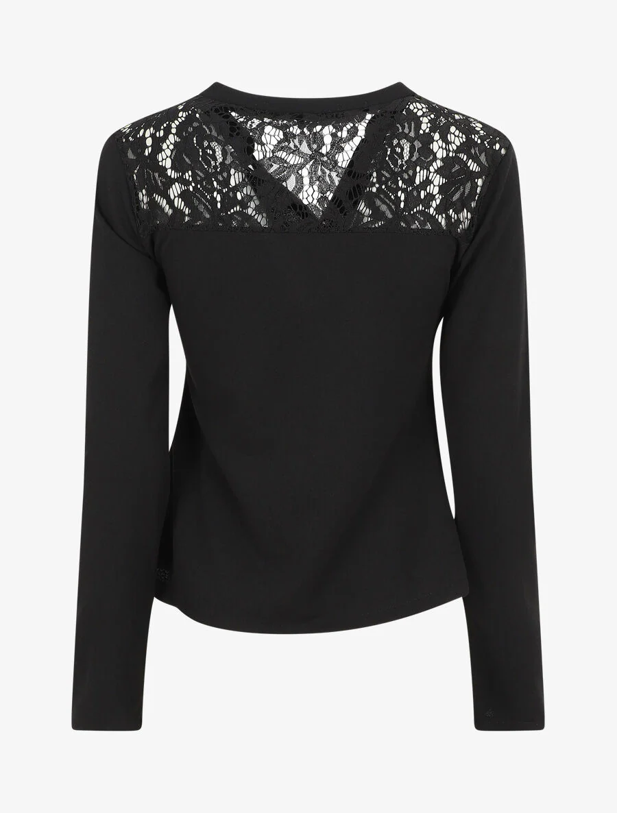 Effen blouse met kant - Zwart - Image 2