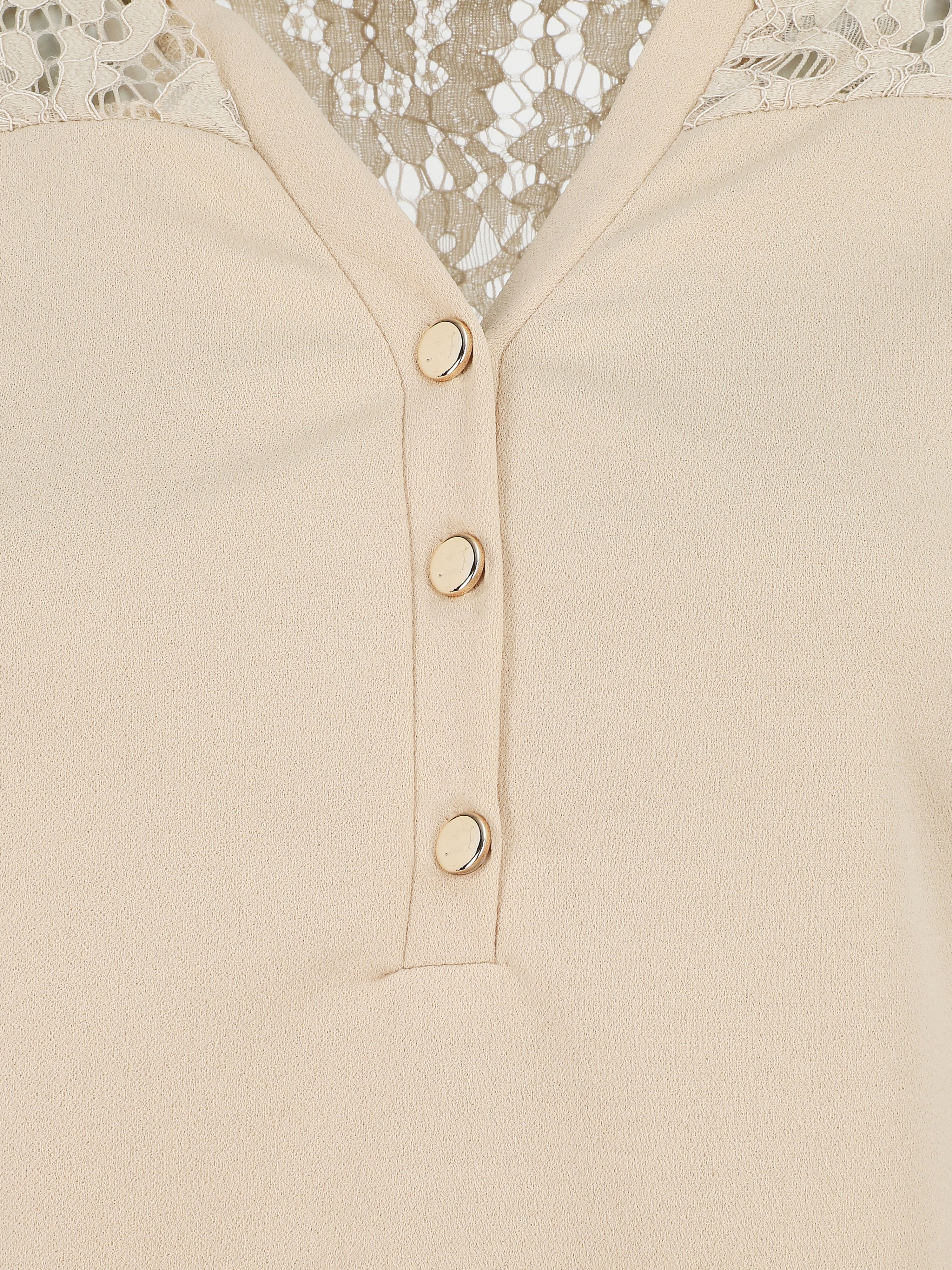 Effen blouse met kant - Beige - Image 3