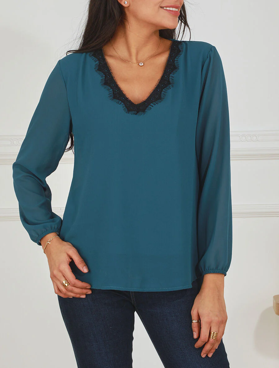 Effen blouse met lange mouwen en kanten kraag - Blauwgroen - Image 4