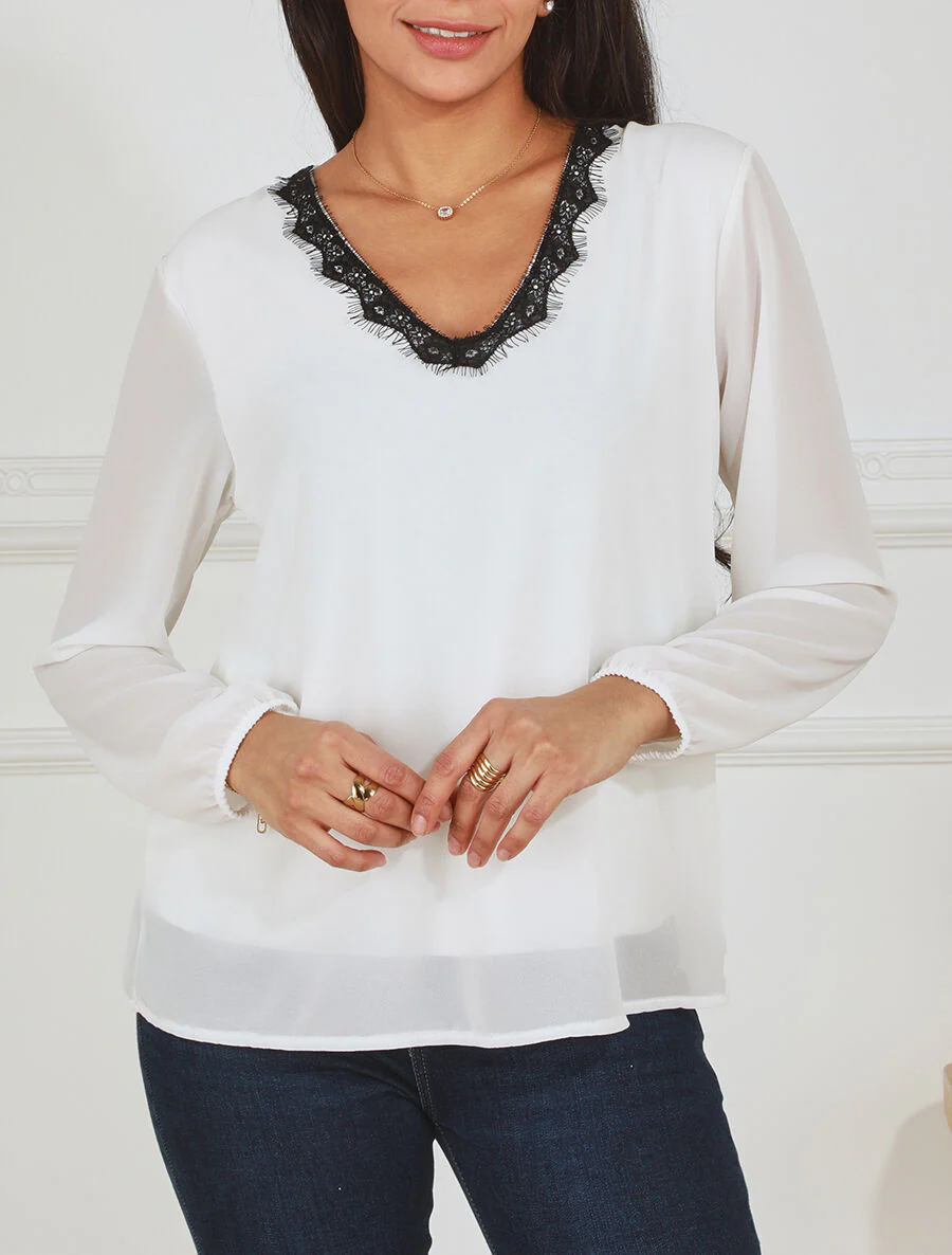 Effen blouse met lange mouwen en kanten kraag - wit - Image 4