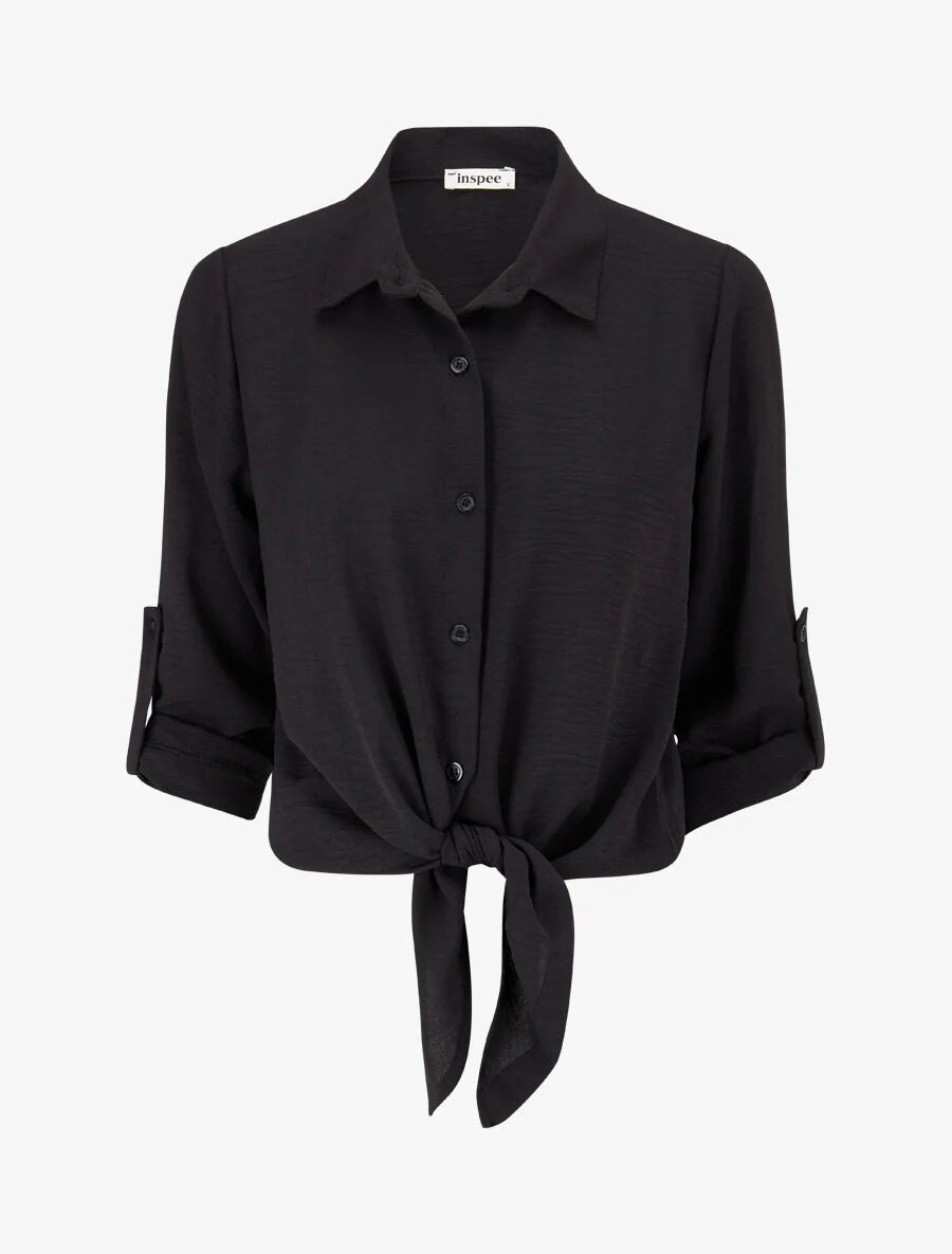 Effen blouse met striksluiting - Zwart
