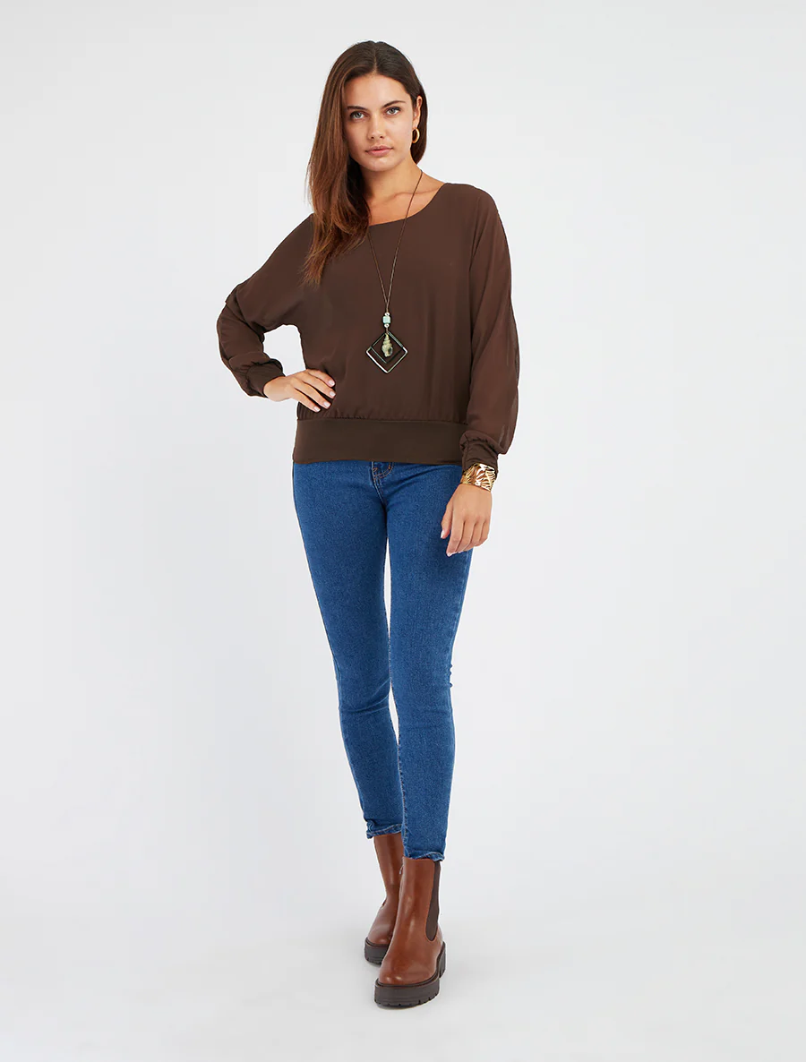Effen blouse van voile met lange mouwen - Bruin - Image 4