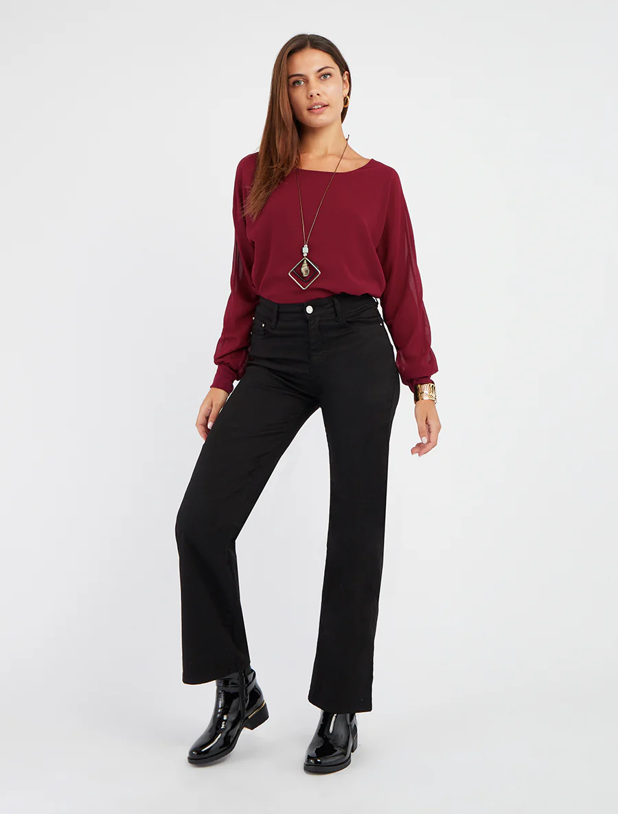 Effen blouse van voile met lange mouwen - Wijnrood - Image 4