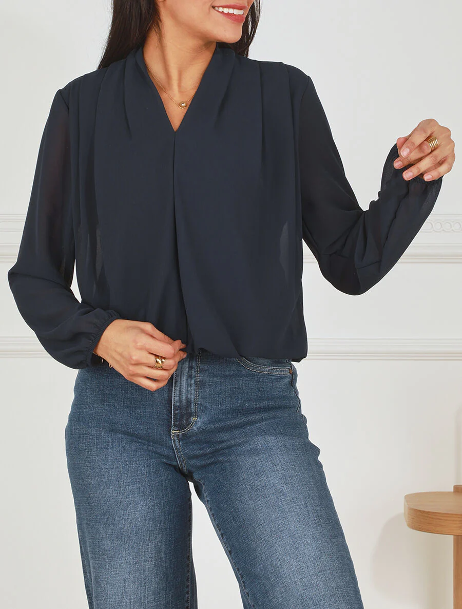 Effen gedrapeerde blouse met lange mouwen - Marineblauw - Image 4