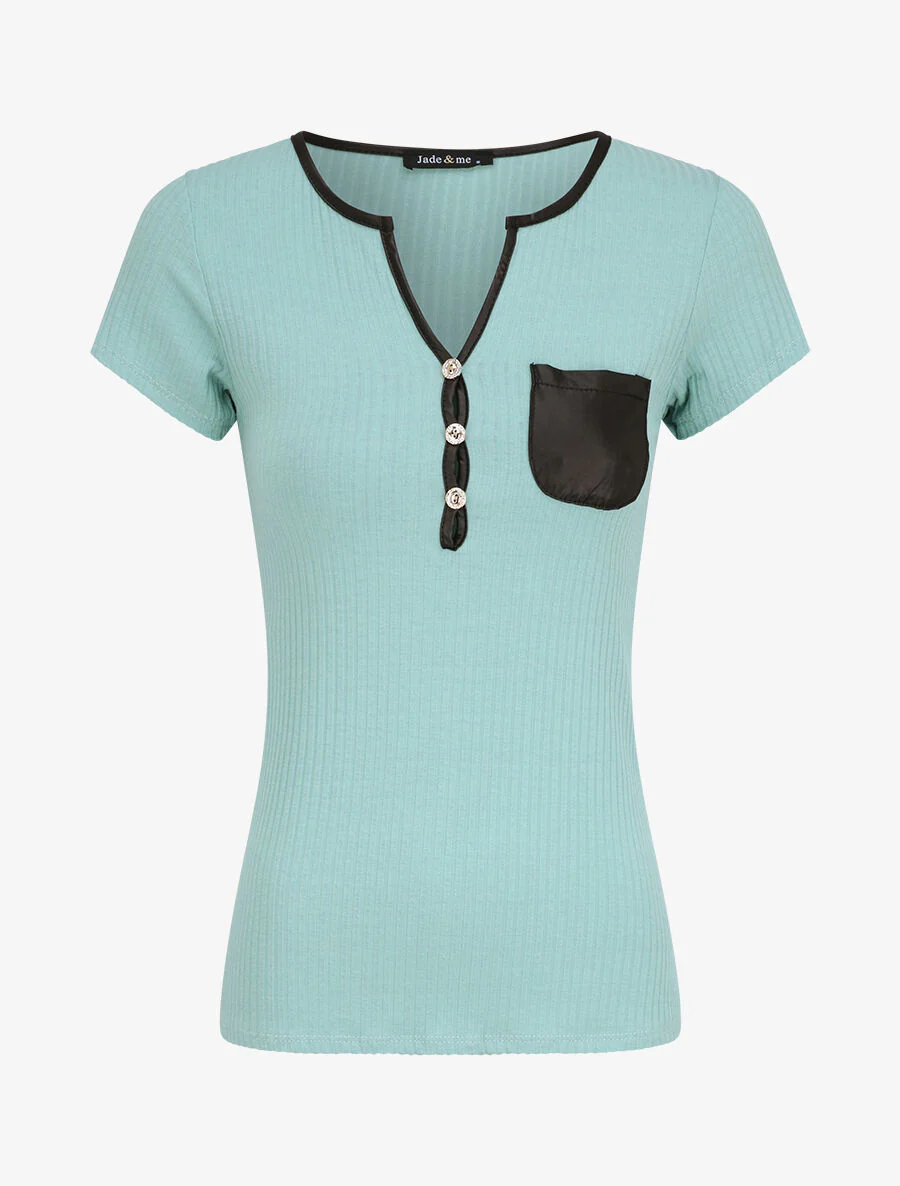 Effen geribbeld T-shirt - Lichtblauw - Image 2
