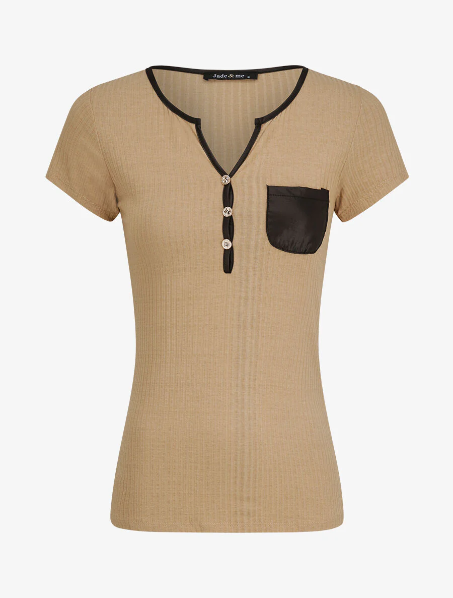 Effen geribbeld T-shirt - Beige