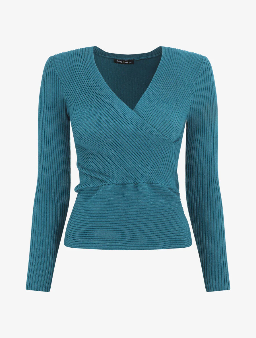 Effen geribde trui met omslagkraag - Blauwgroen