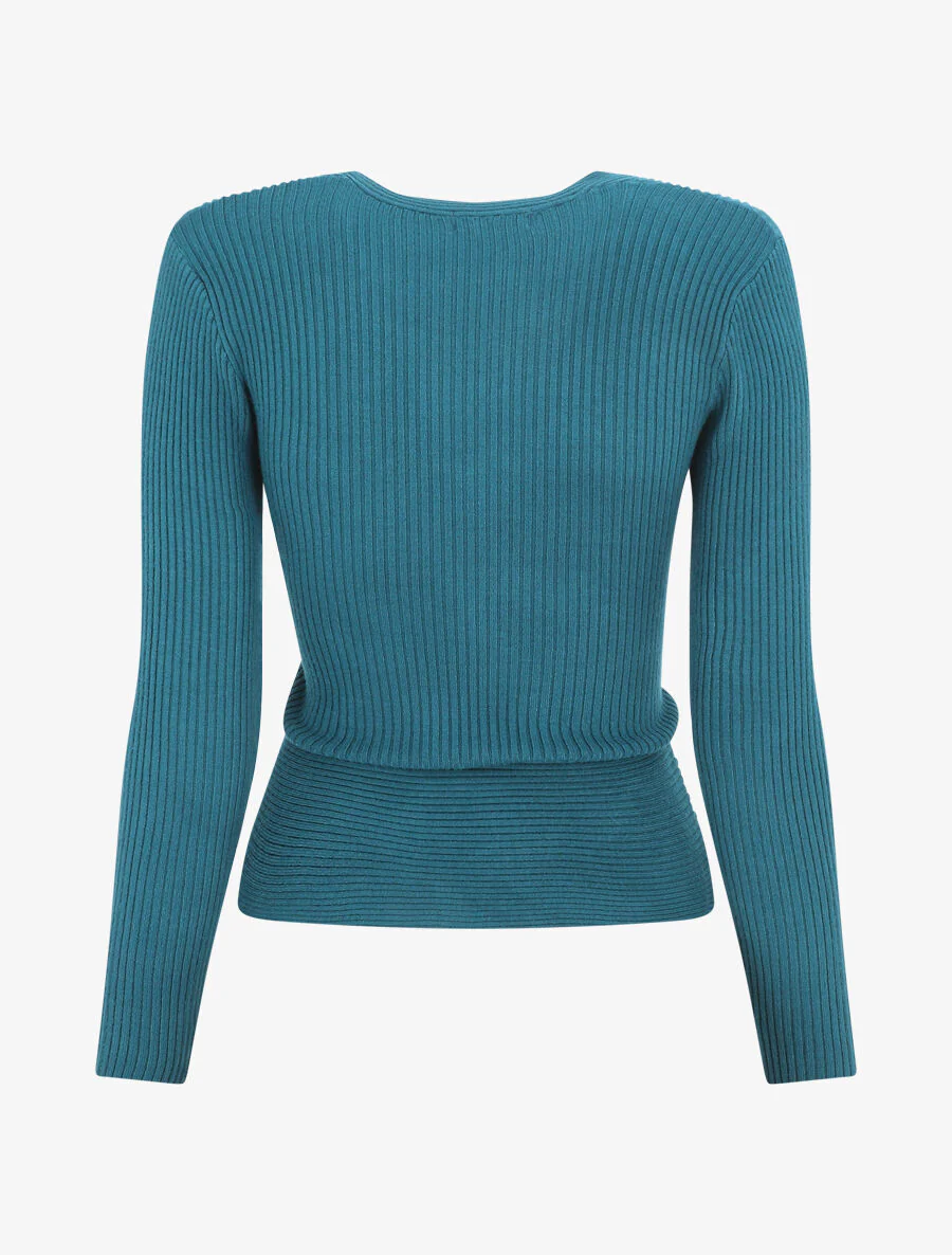 Effen geribde trui met omslagkraag - Blauwgroen - Image 2