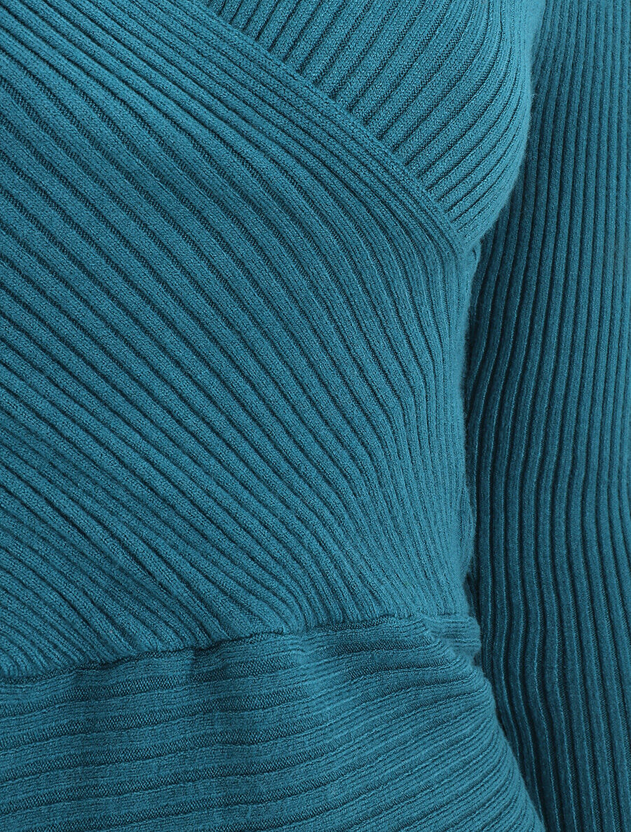 Effen geribde trui met omslagkraag - Blauwgroen - Image 3