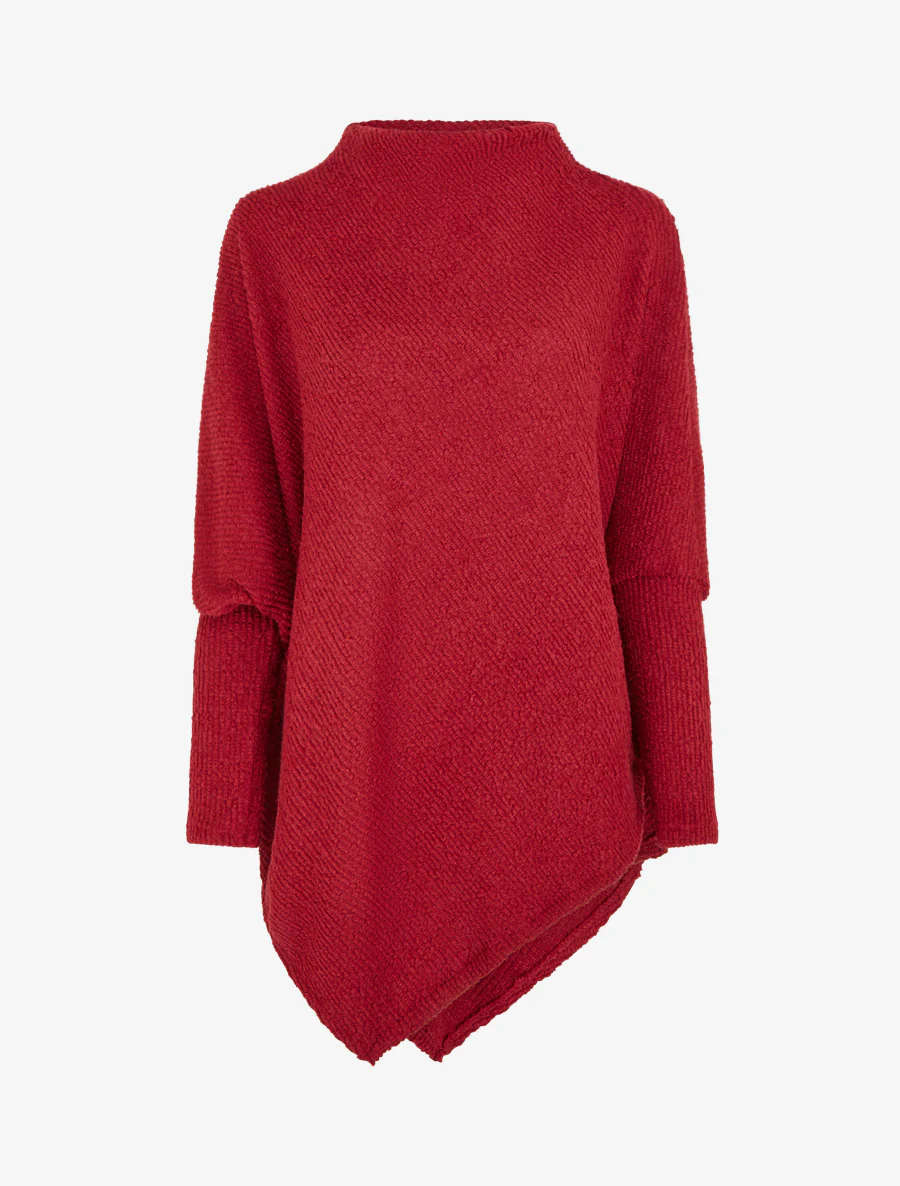 Effen gestructureerde poncho met lange mouwen - Rood