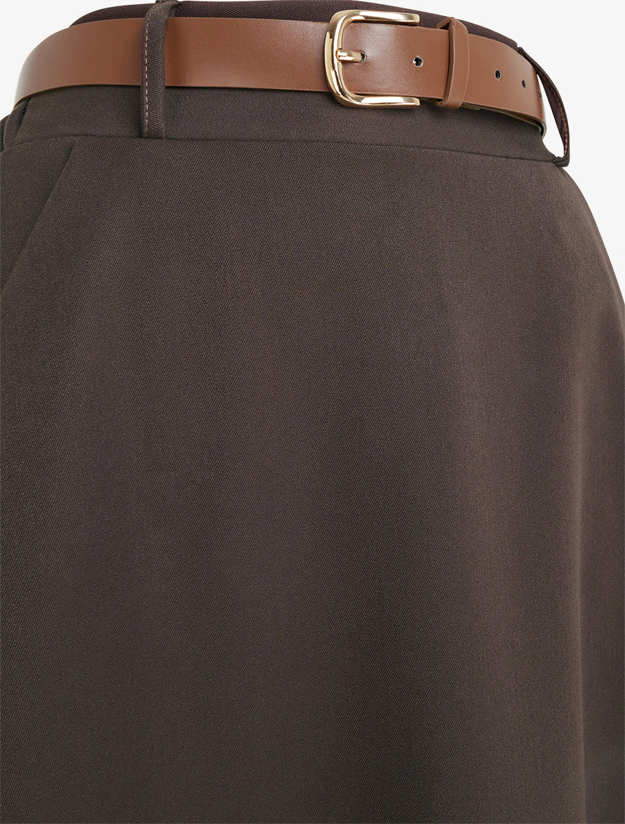 Effen half lange rok met ceintuur - Bruin - Image 3
