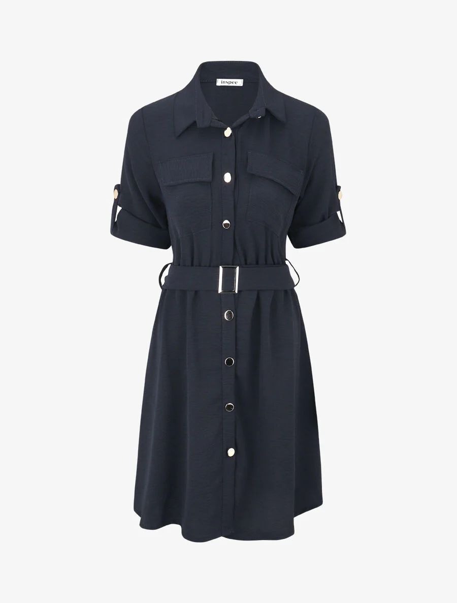 Effen halflange jurk met knoopsluiting - Donkerblauw