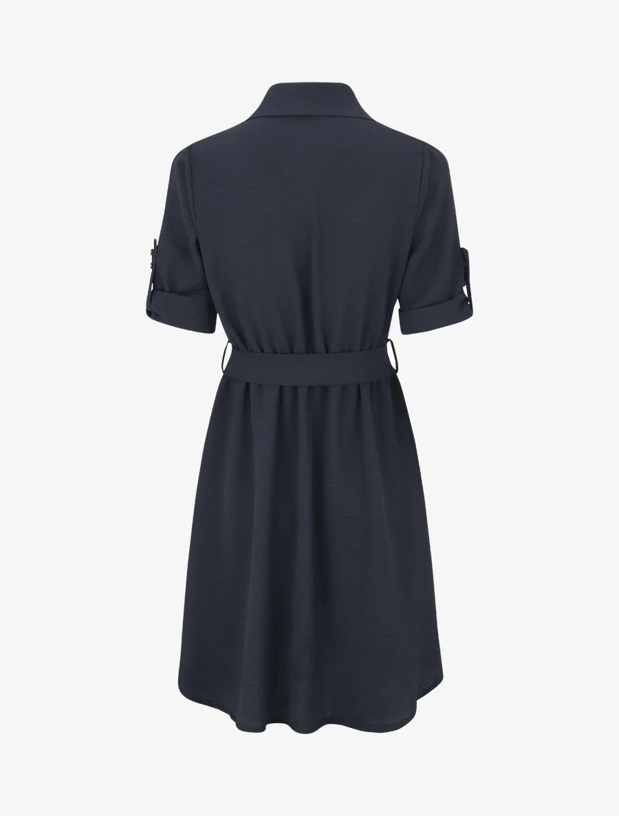 Effen halflange jurk met knoopsluiting - Donkerblauw - Image 2