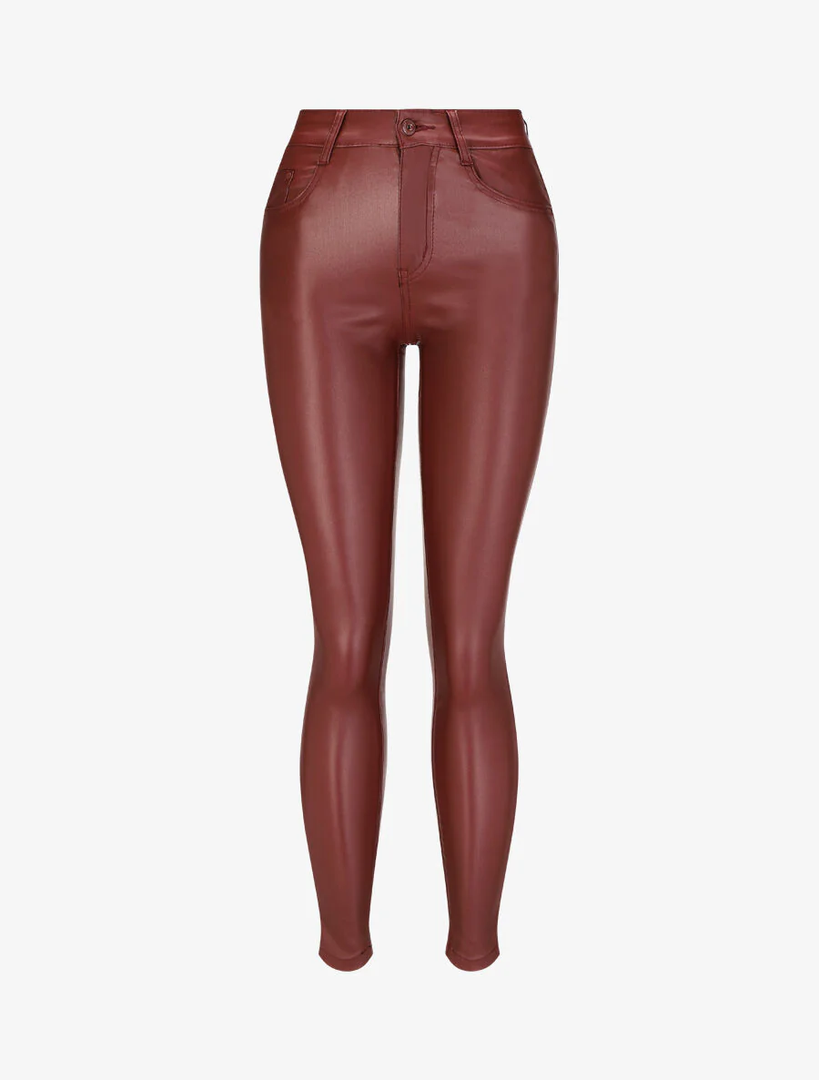 Effen imitatieleren broek - bordeauxrood