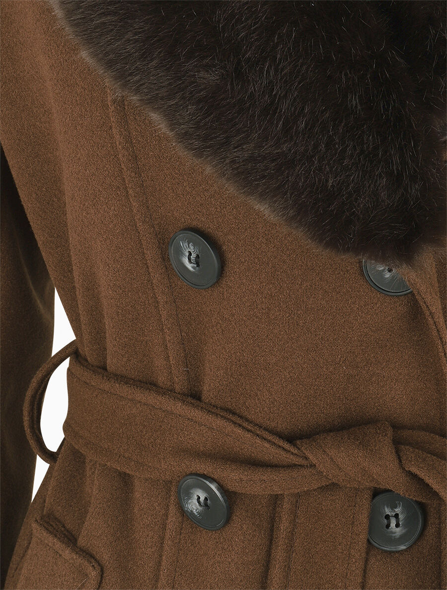 Effen jas met kraag van synthetisch bont - bruin - Image 3