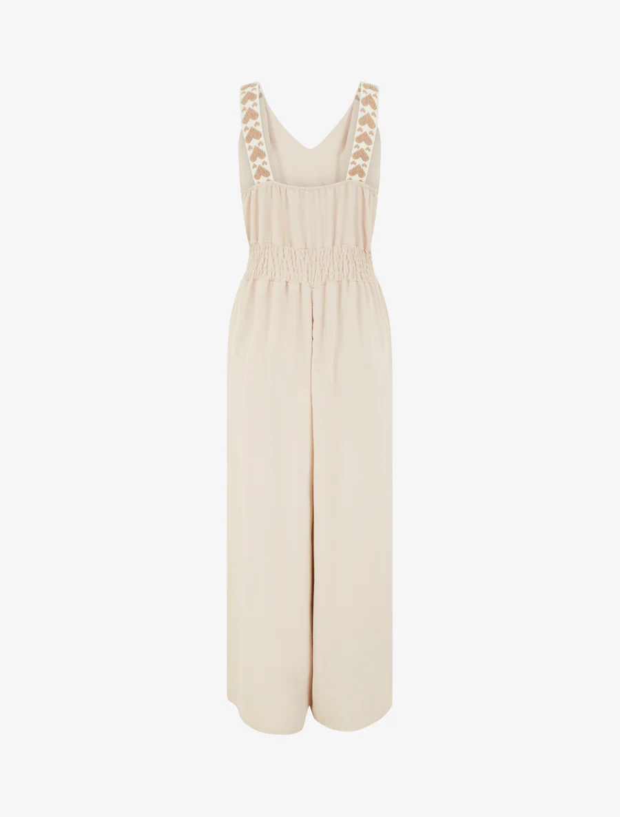 Effen jumpsuit met bandjes en hartjesmotief - Beige - Image 2