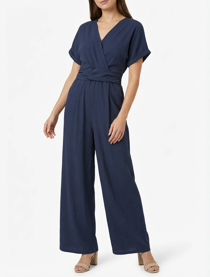 Effen jumpsuit met korte mouwen - Marine - Image 4