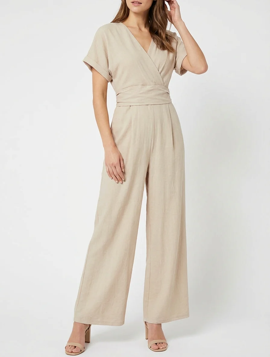Effen jumpsuit met korte mouwen - Beige - Image 4