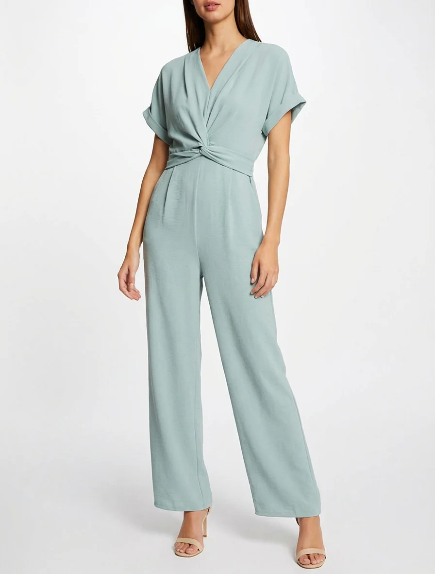 Effen jumpsuit met korte mouwen - Watergroen - Image 4