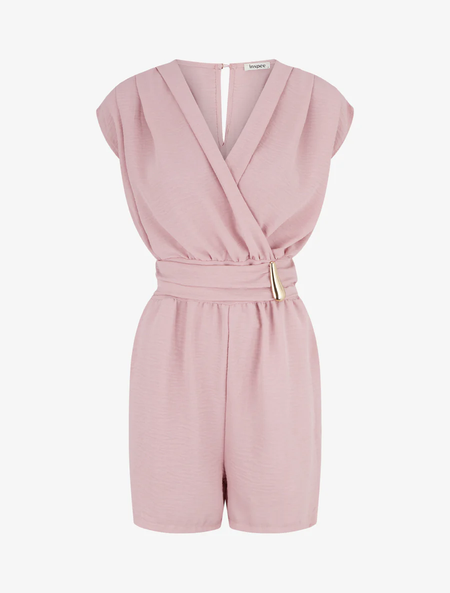 Effen jumpsuit met sierstuk in de taille. - Oudroze