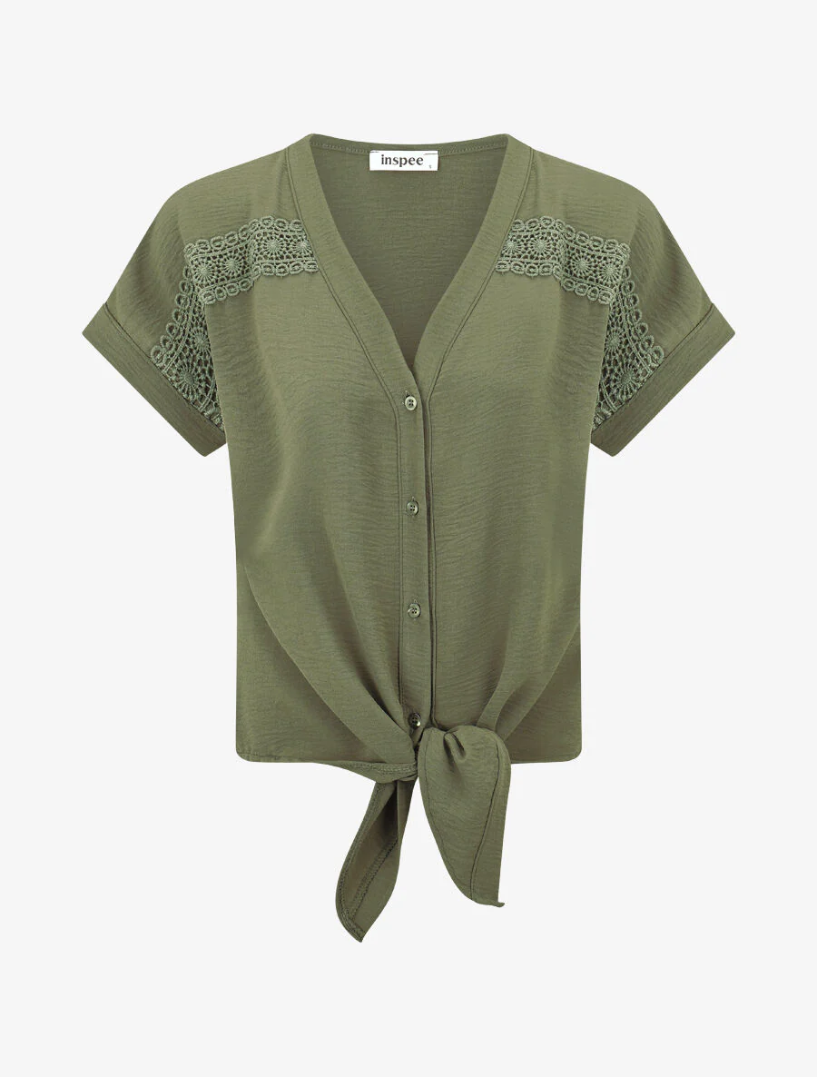 Effen knoopblouse met borduursel - Kakigroen