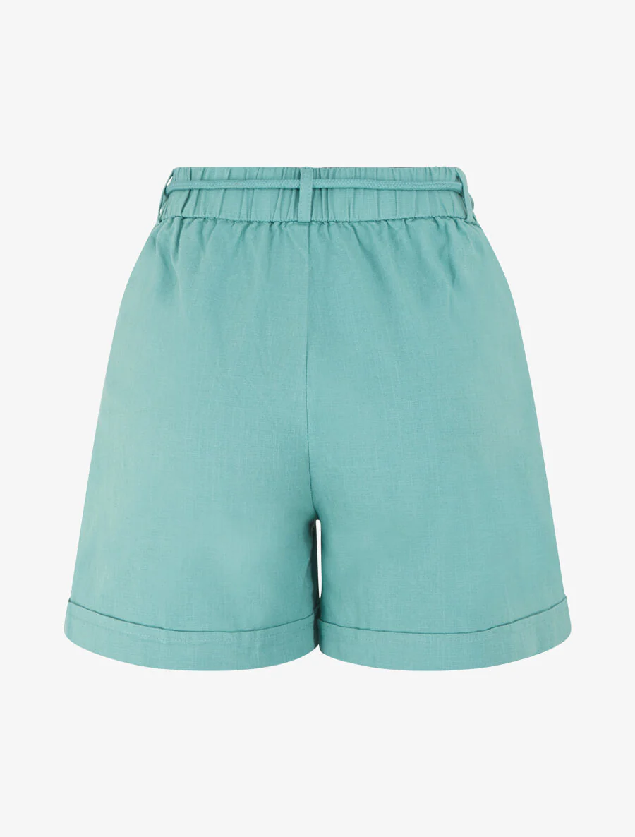 Effen korte broek met omslag. linneneffect - Turkoois - Image 2