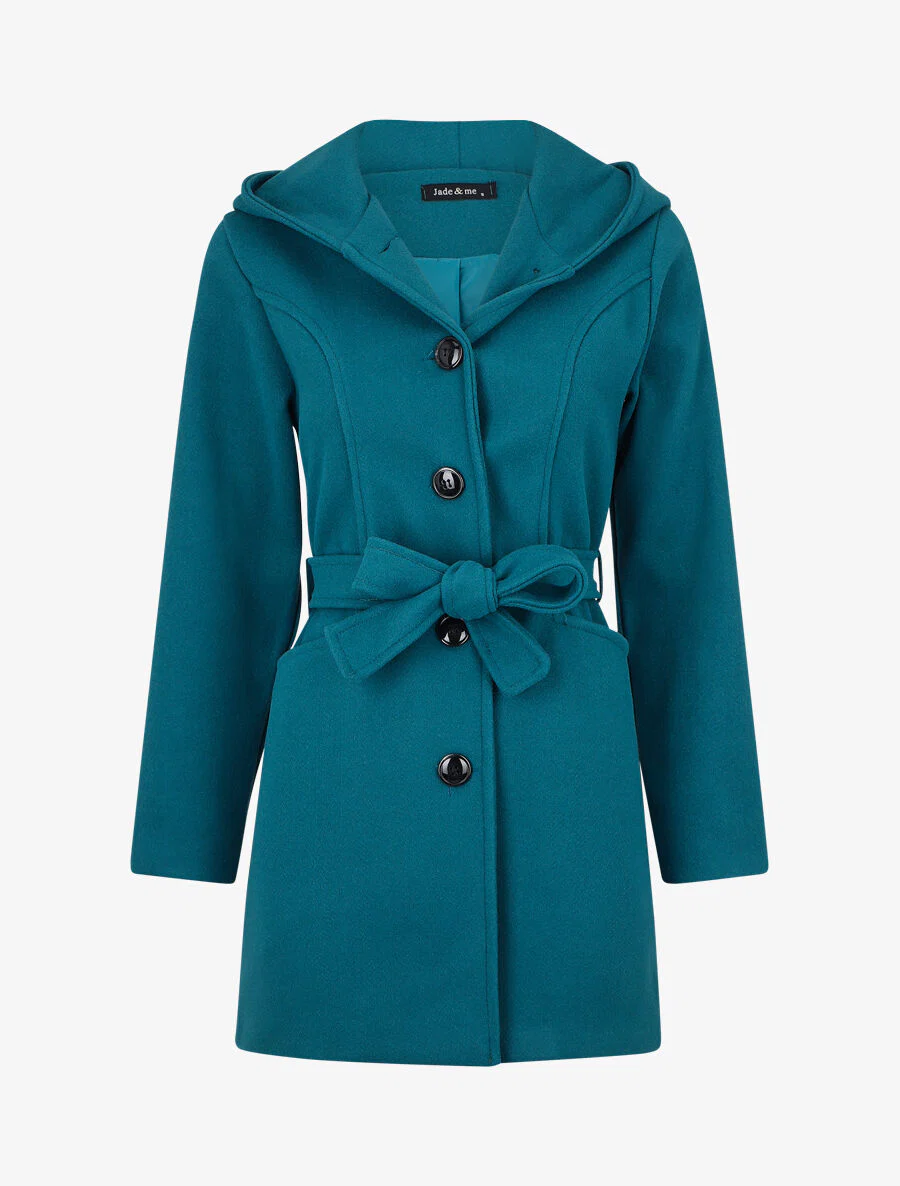 Effen lange jas met capuchon - Blauwgroen