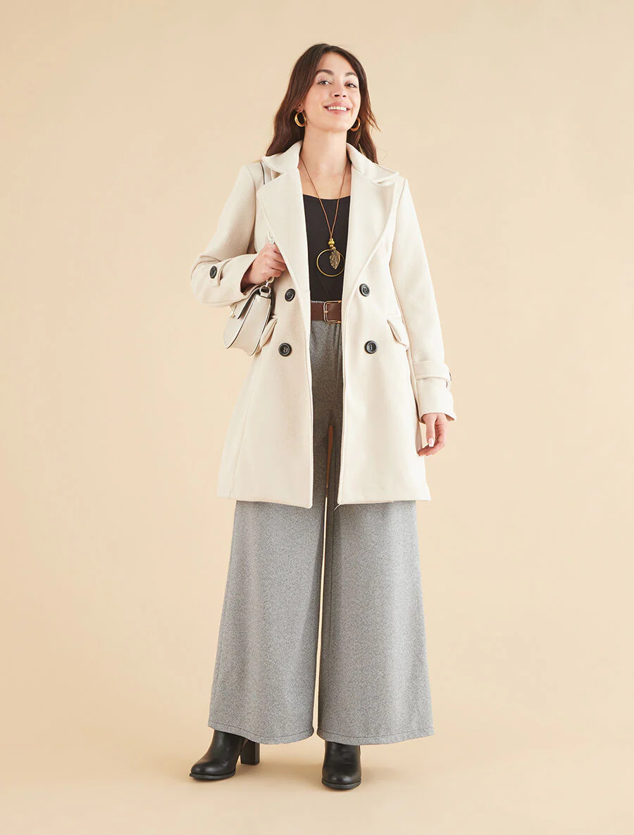 Effen lange jas met en notch-revers - Beige - Image 4