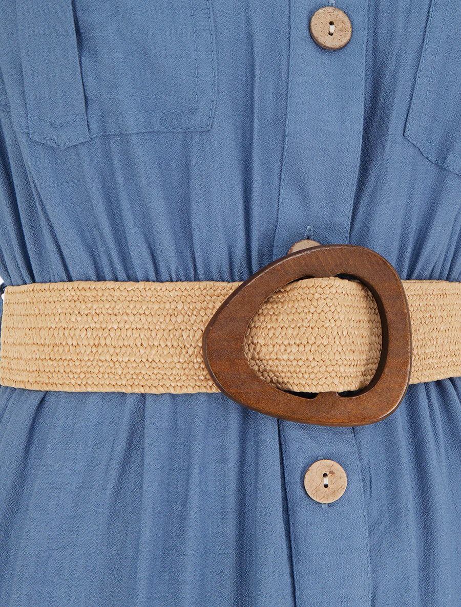 Effen lange jurk met knopen - Blauw - Image 3