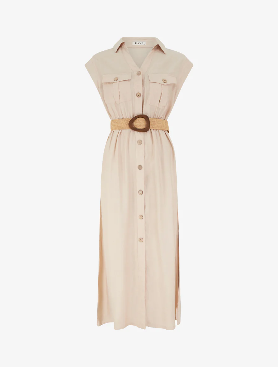 Effen lange jurk met knopen - Beige