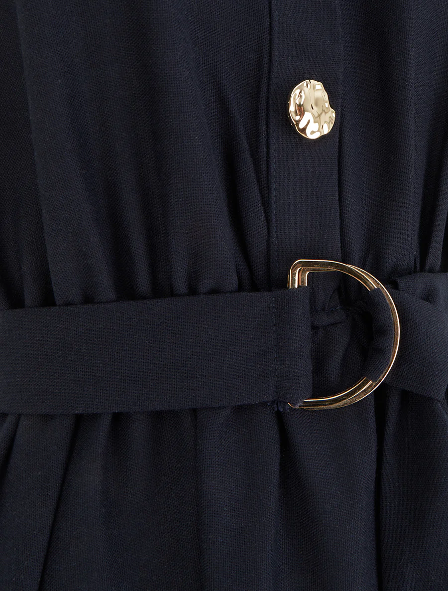 Effen lange jurk met linnen effect - Marine - Image 3