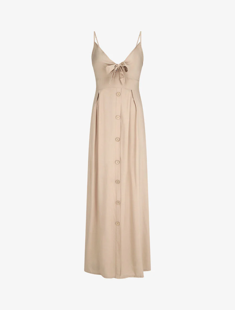 Effen lange jurk met sierknopen - Beige
