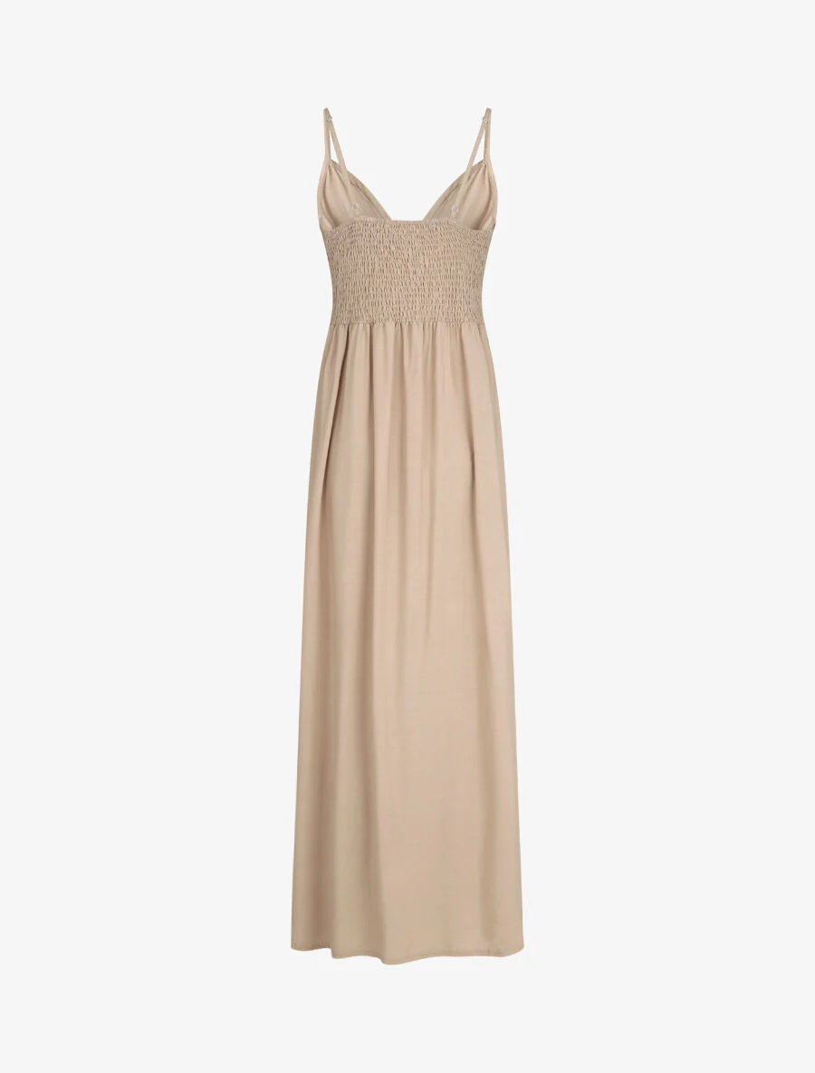 Effen lange jurk met sierknopen - Beige - Image 2