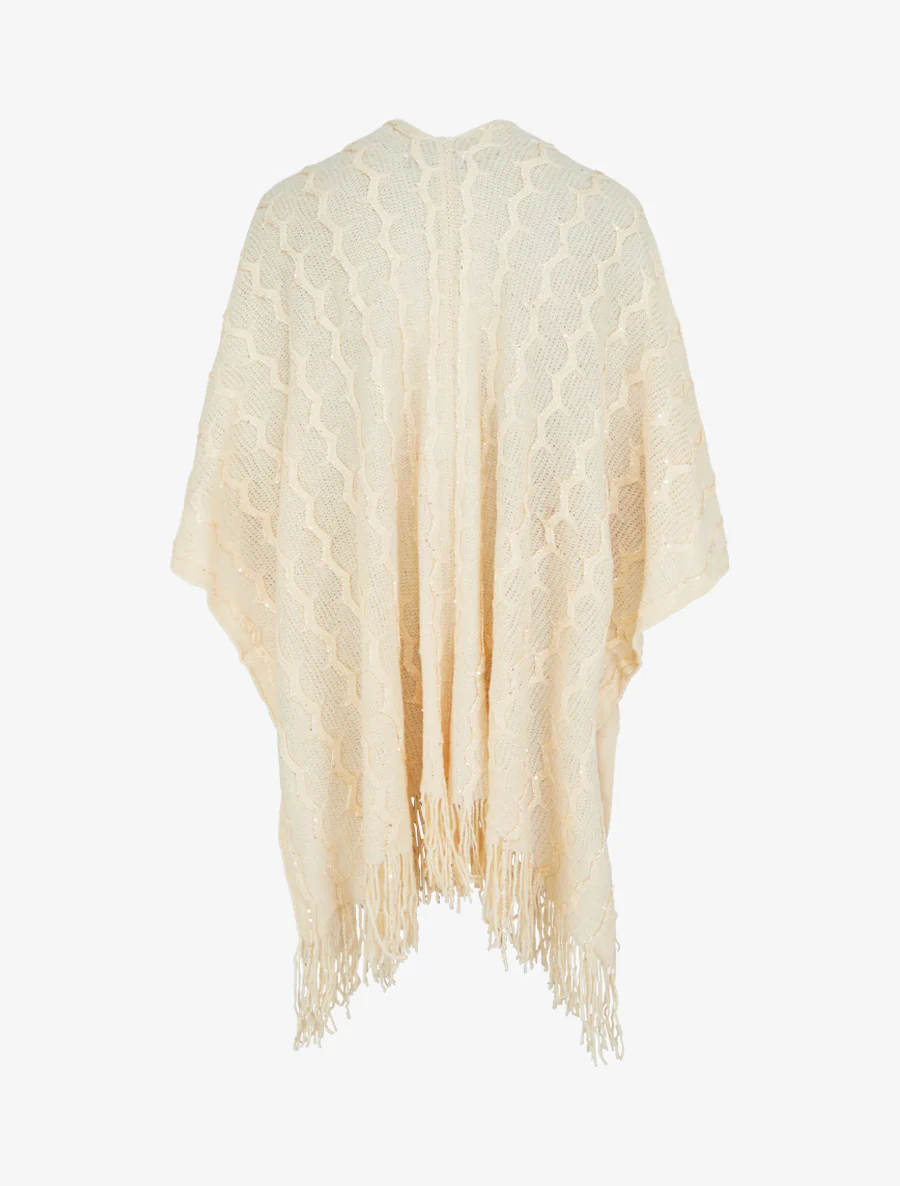Effen middellange poncho met franjes en pailletten - Beige - Image 2