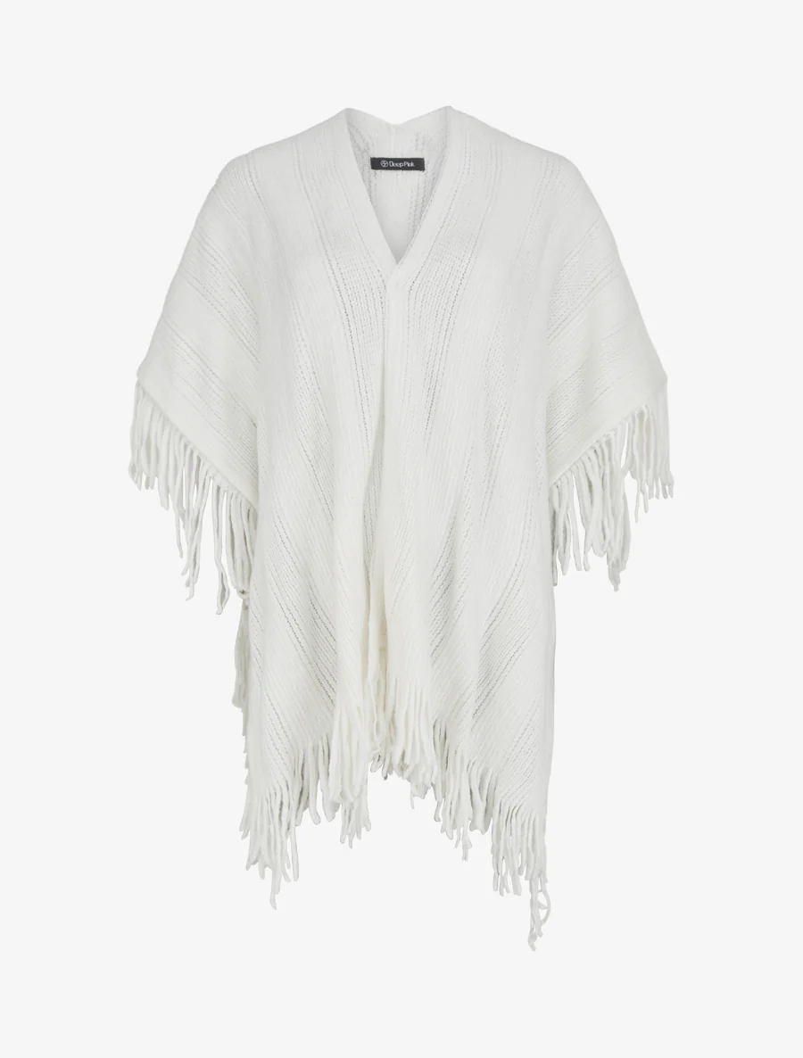 Effen middellange poncho met franjes - Wit