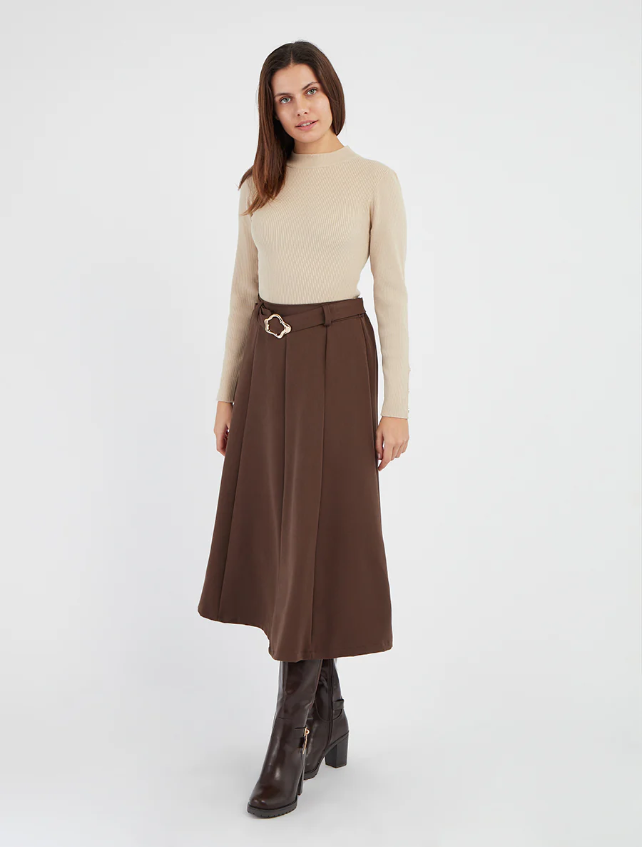 Effen midi-rok met sierstuk. - Bruin - Image 4