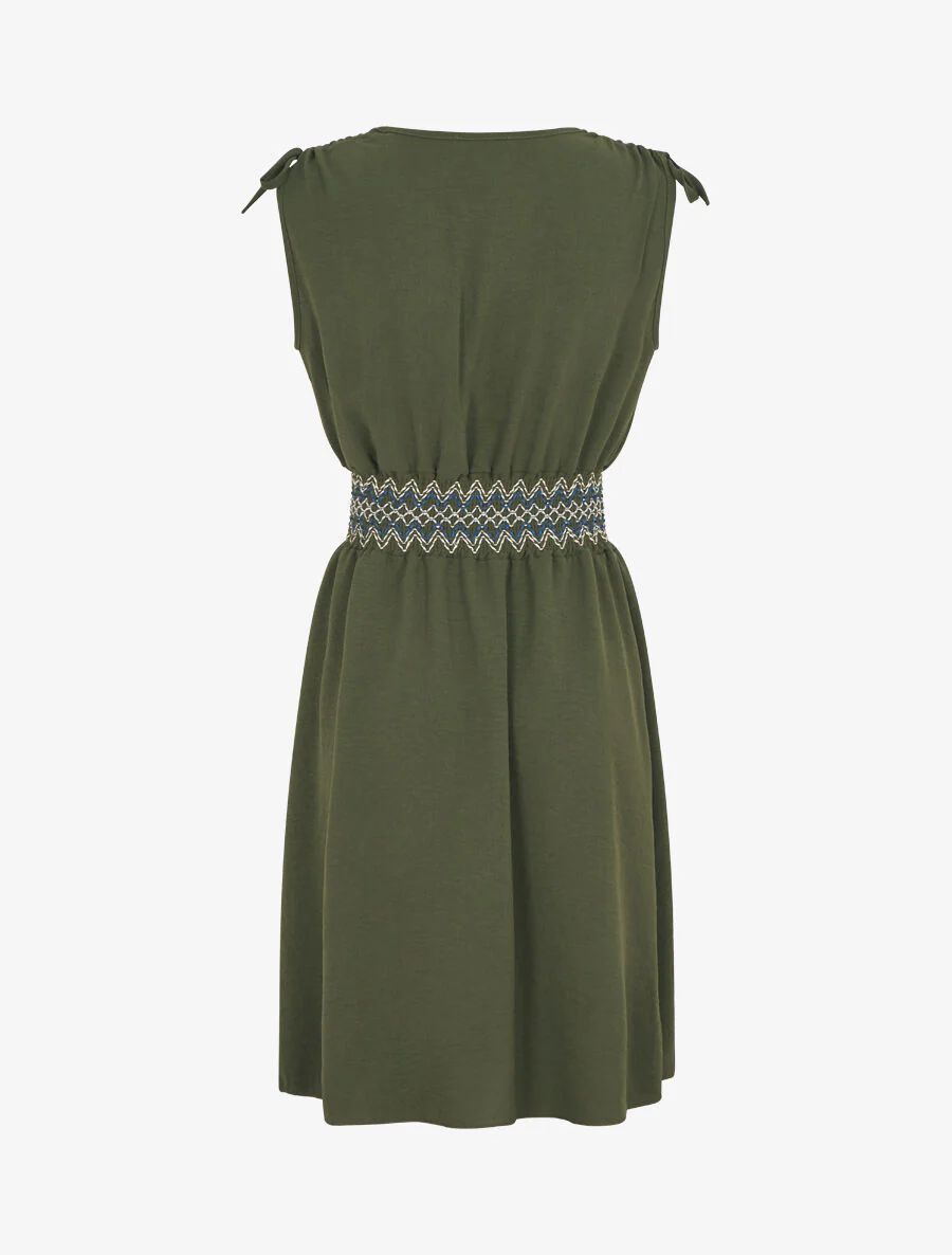 Effen mouwloze jurk met elastische tailleband - kaki - Image 2