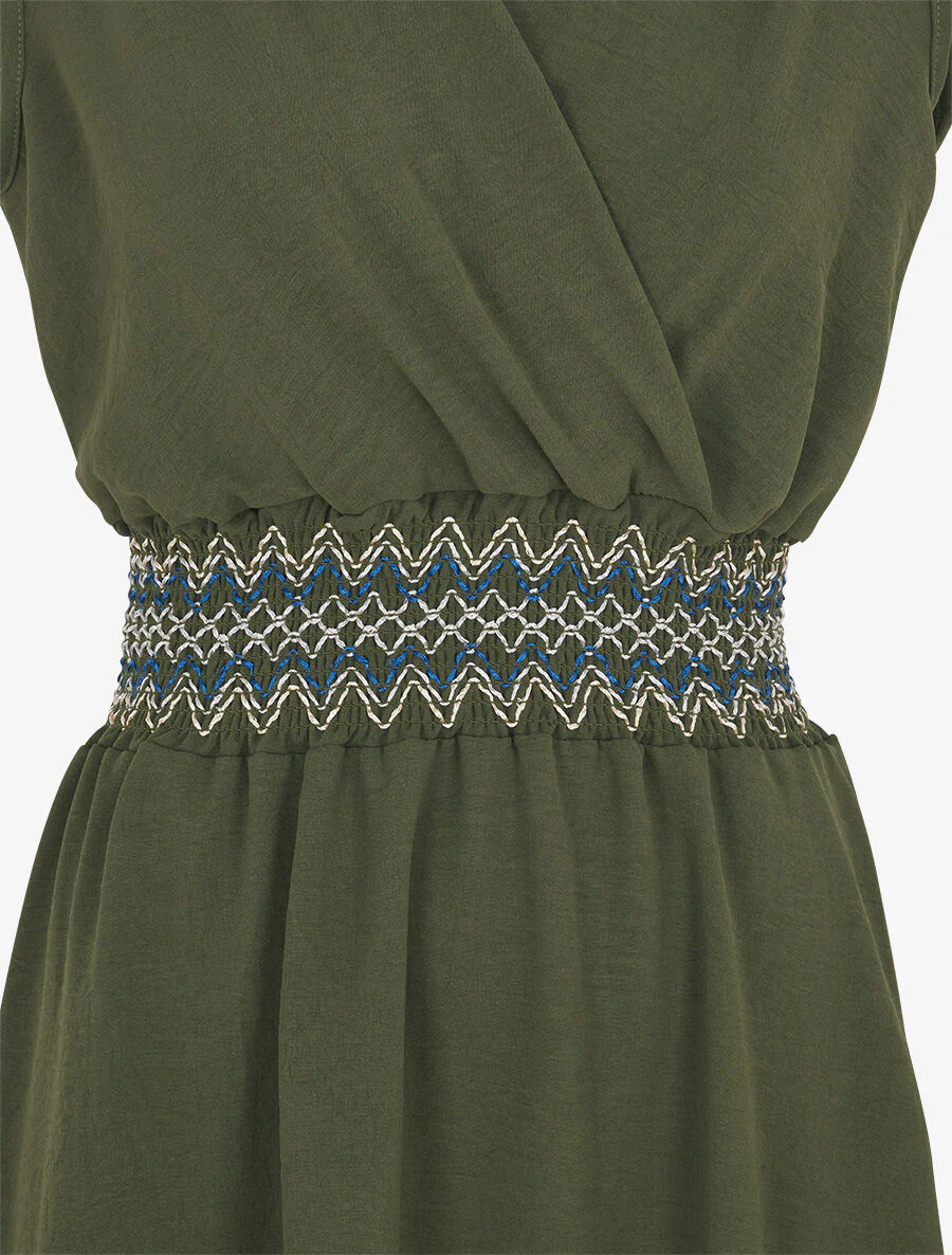 Effen mouwloze jurk met elastische tailleband - kaki - Image 3
