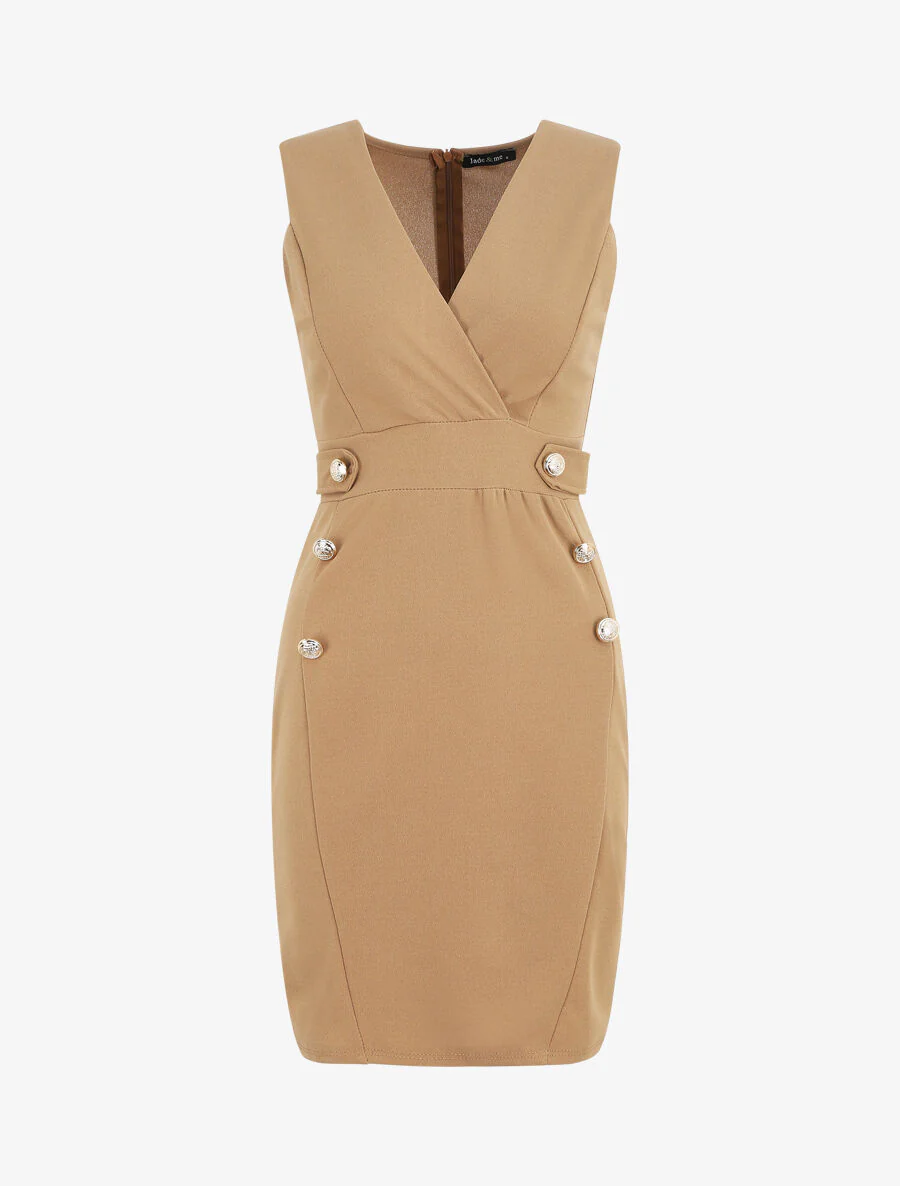 Effen mouwloze jurk met knopen - taupe - Image 2
