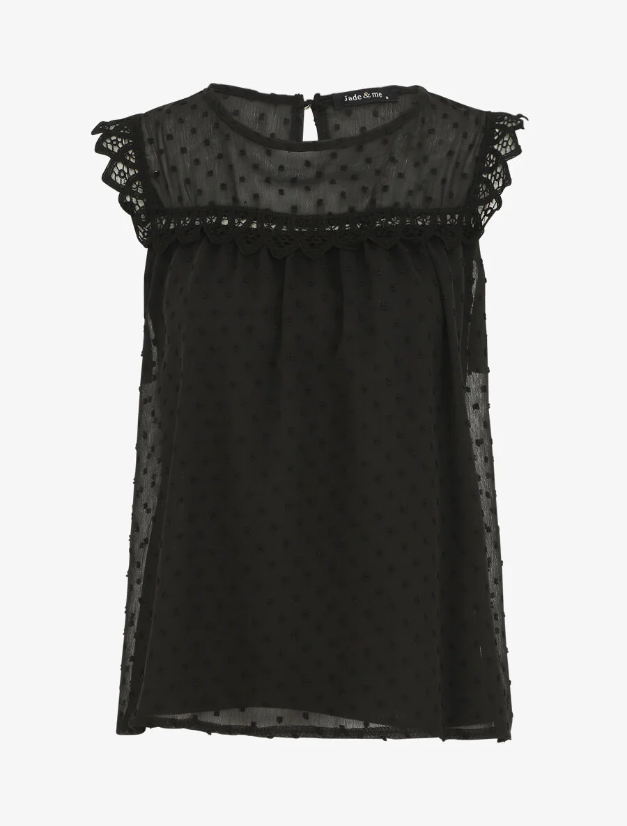 Effen. mouwloze plumetis top - zwart