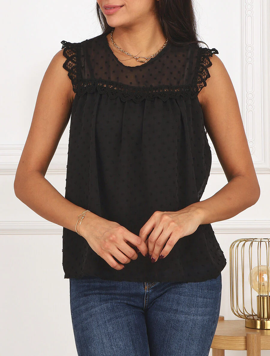 Effen. mouwloze plumetis top - zwart - Image 4