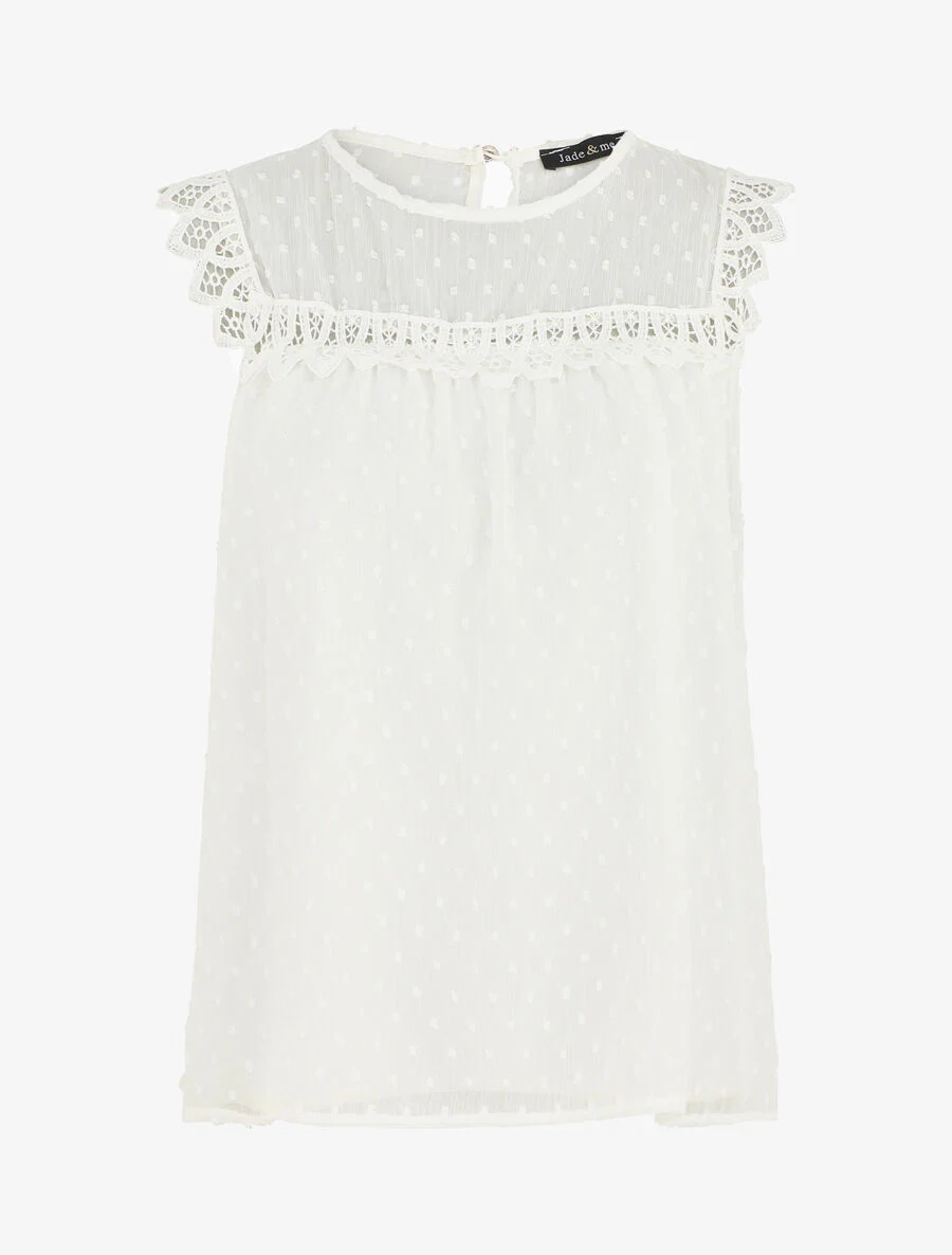 Effen. mouwloze plumetis top - wit