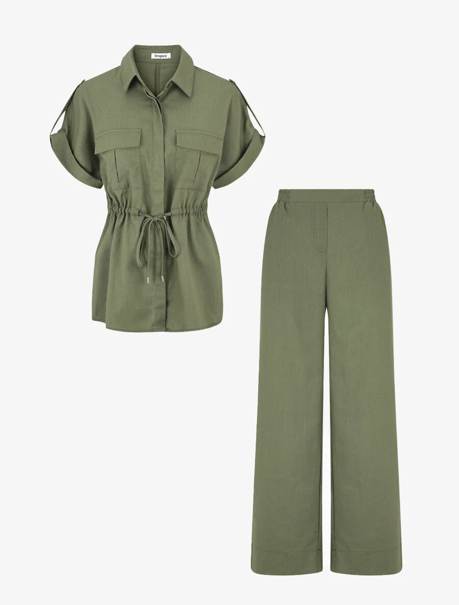 Effen overhemd en broek met linnen effect - Kakigroen - Image 2