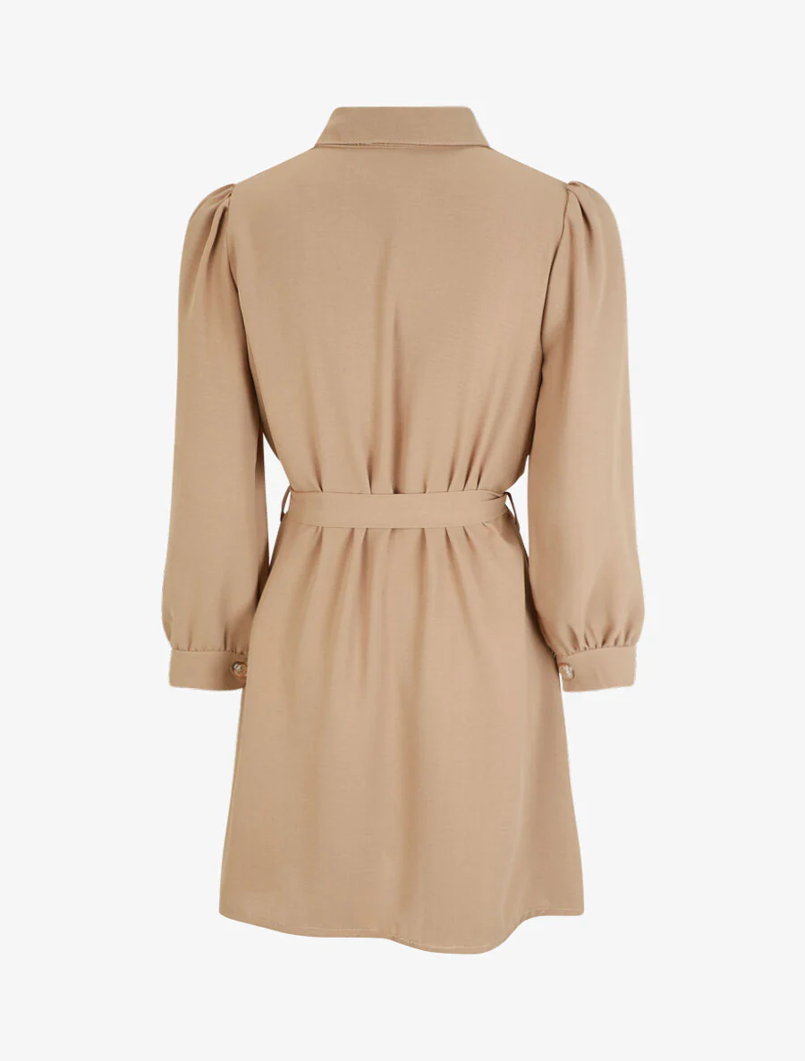 Effen overhemdjurk met lange mouwen - Beige - Image 2