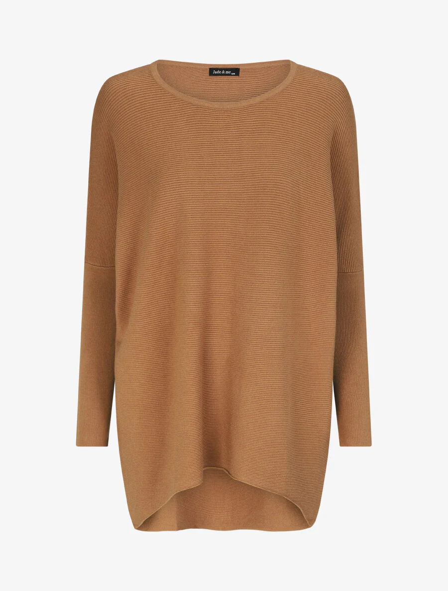 Effen oversized geribde trui - Kameel