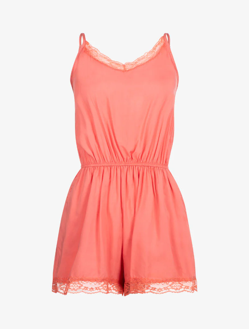 Effen playsuit met kanten randen - koraal
