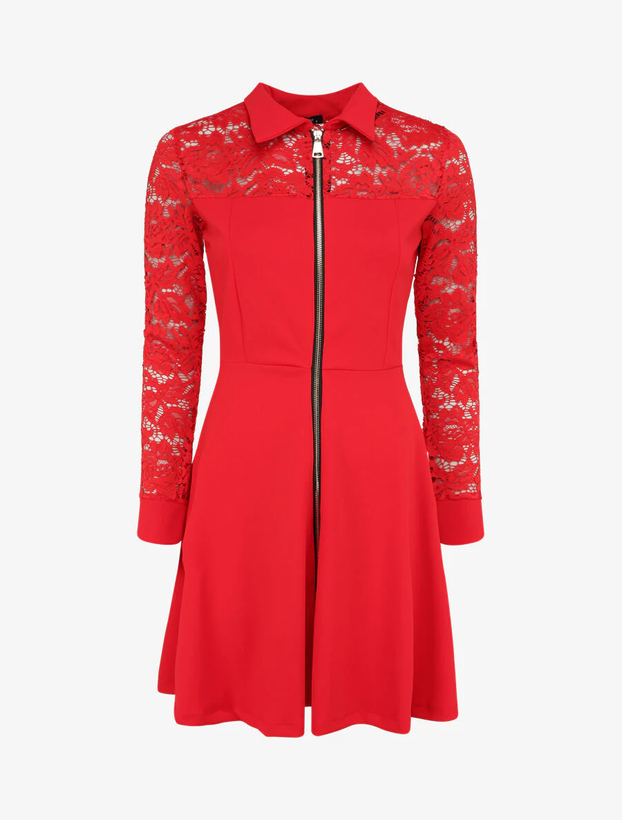 Effen plooirok met kanten mouwen - Rood